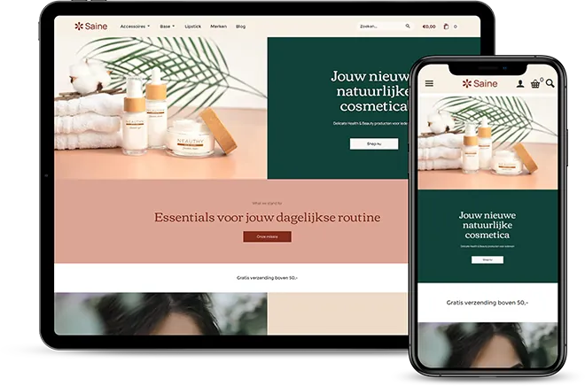 Shoptrader webshop responsive weergegeven op laptop, tablet en smartphone
